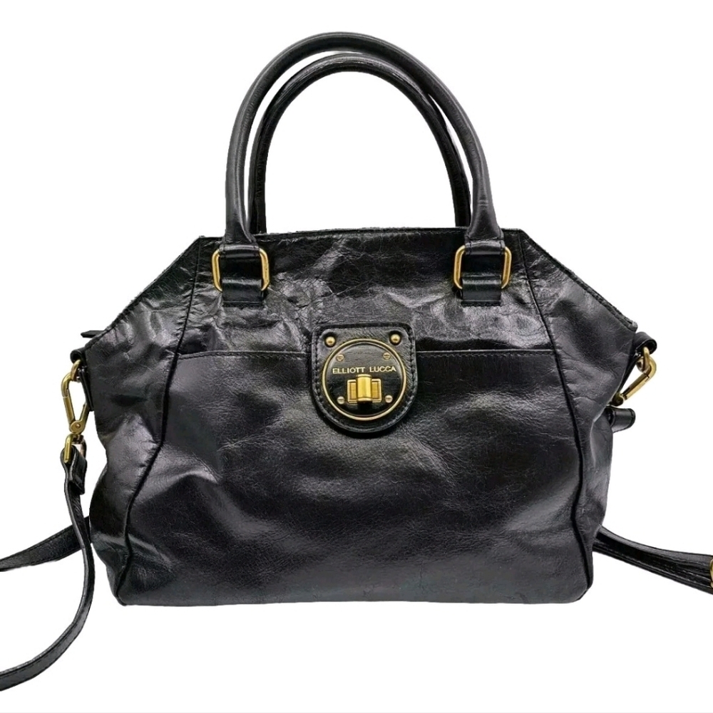 Elliott Lucca Black Satchel with Brass Accents Hardwear. Genuine Leather Pockets
